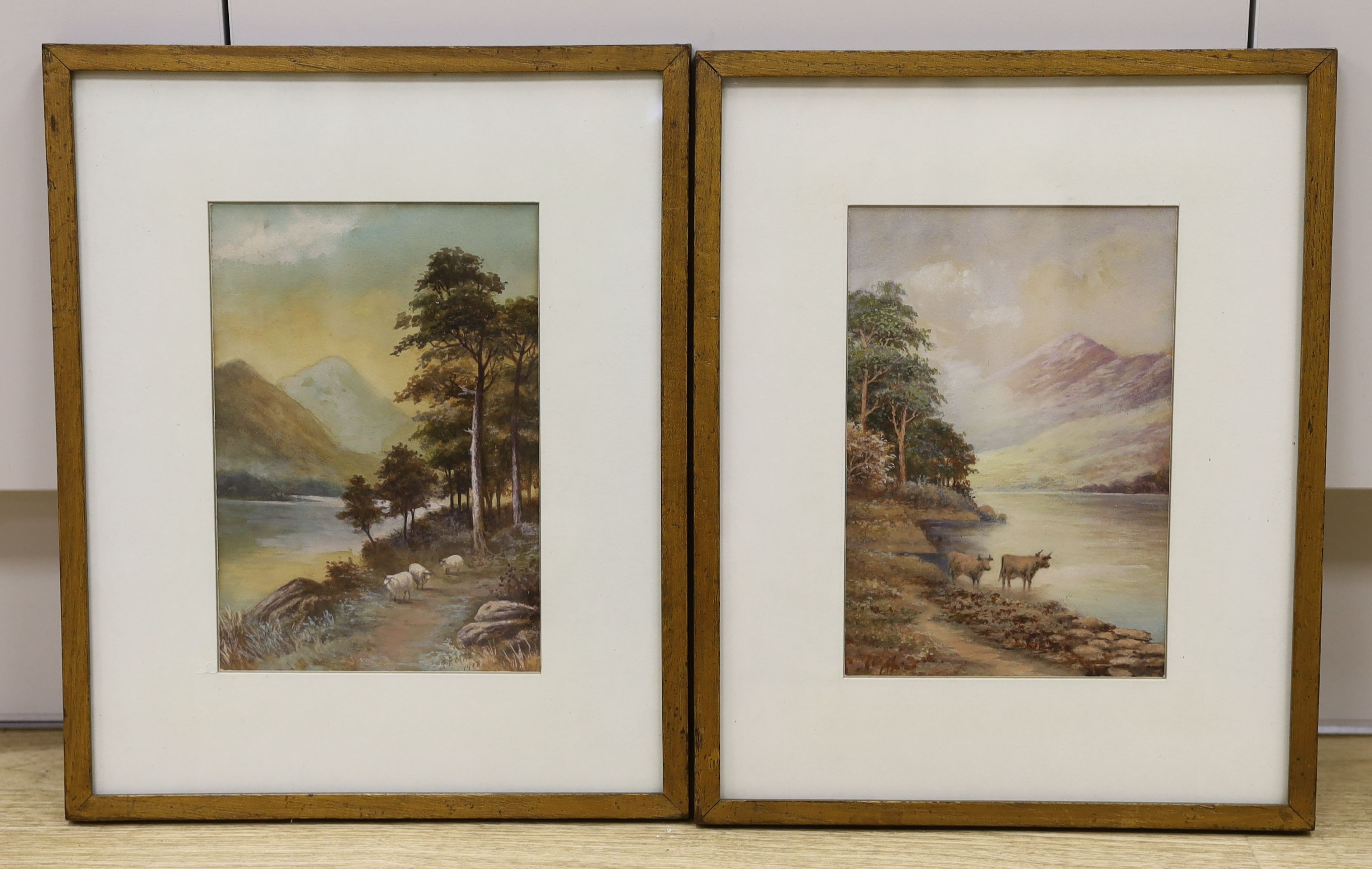 G.F. Marston, pair of watercolours, Sheep and cattle beside lochs, signed and dated 1918, 23 x 16cm